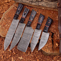 Damascus 5-piece chef knife set with patterned steel blades and ergonomic handles for professional kitchen use by Viking Hills
