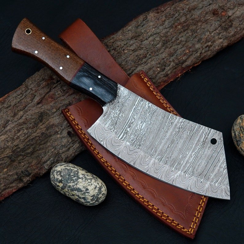 Fully handmade cleaver knife with sharp high carbon steel blade and strong full tang design for heavy duty use
