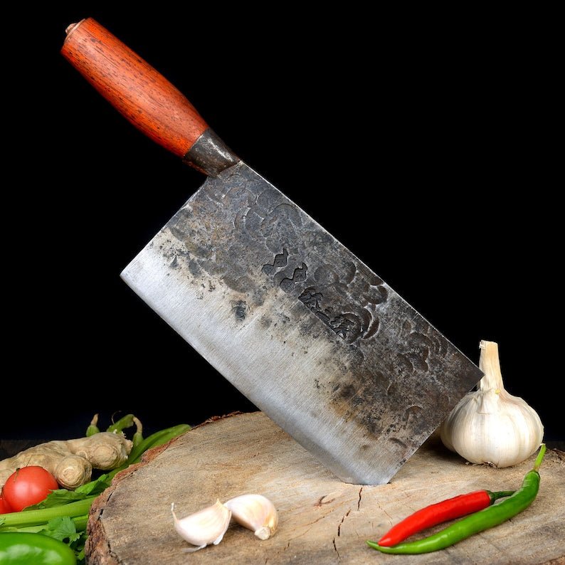 Fully handmade cleaver knife with sharp high carbon steel blade and strong full tang design for heavy duty use

