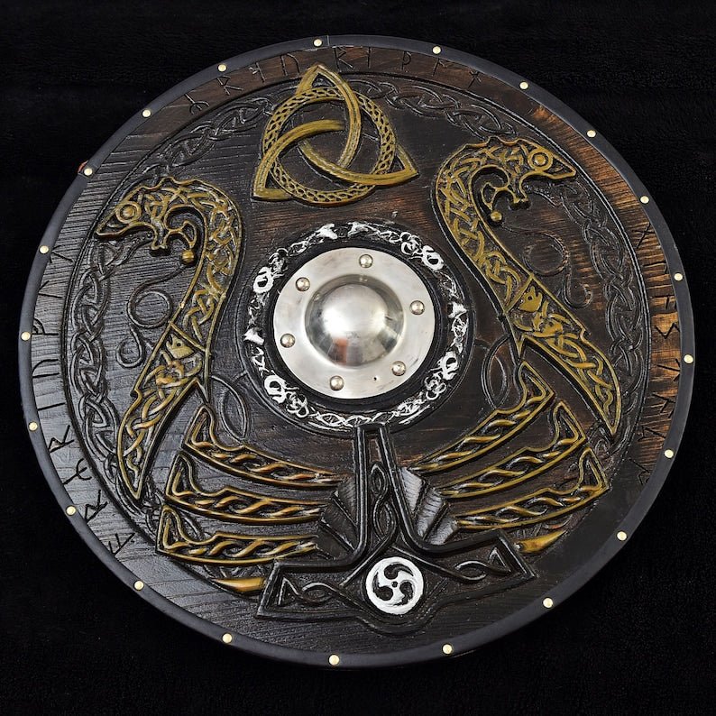 Handmade wooden Viking shield with engraved Norse design, medieval round shield for decor and cosplay by Viking Hills
