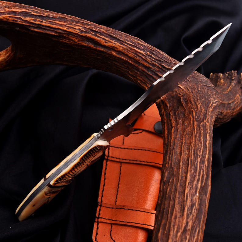 Handmade 11" Damascus Steel Full Tang Tracker Knife with leather cover | Best Wedding Gifts