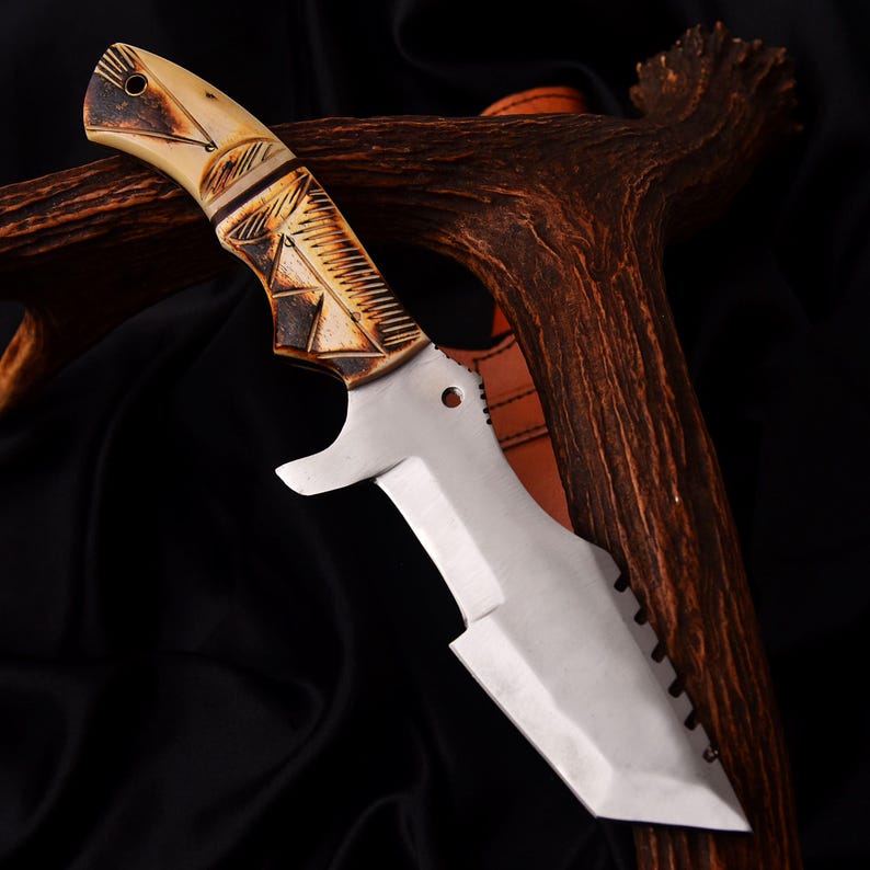 Handmade 11" Damascus Steel Full Tang Tracker Knife with leather cover | Best Wedding Gifts