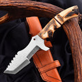Tracker knife with full tang steel blade, durable handle, and leather sheath for outdoor survival

