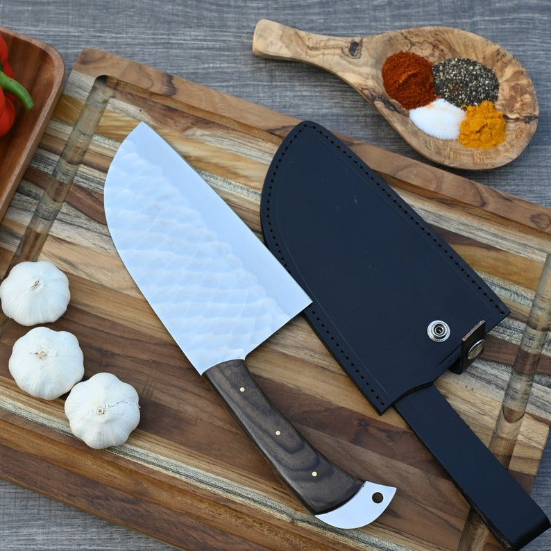 Fully handmade cleaver knife with sharp high carbon steel blade and strong full tang design for heavy duty use
