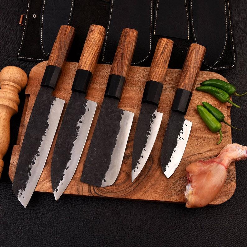 forges steel 5-piece chef knife set with patterned steel blades and ergonomic handles for professional kitchen use by Viking Hills
