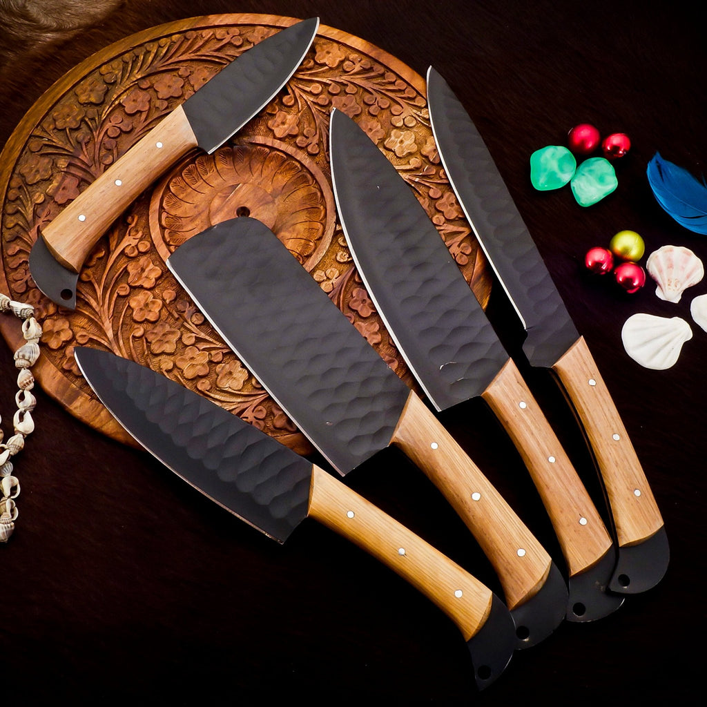 corban steel 5-piece chef knife set with patterned steel blades and ergonomic handles for professional kitchen use by Viking Hills
