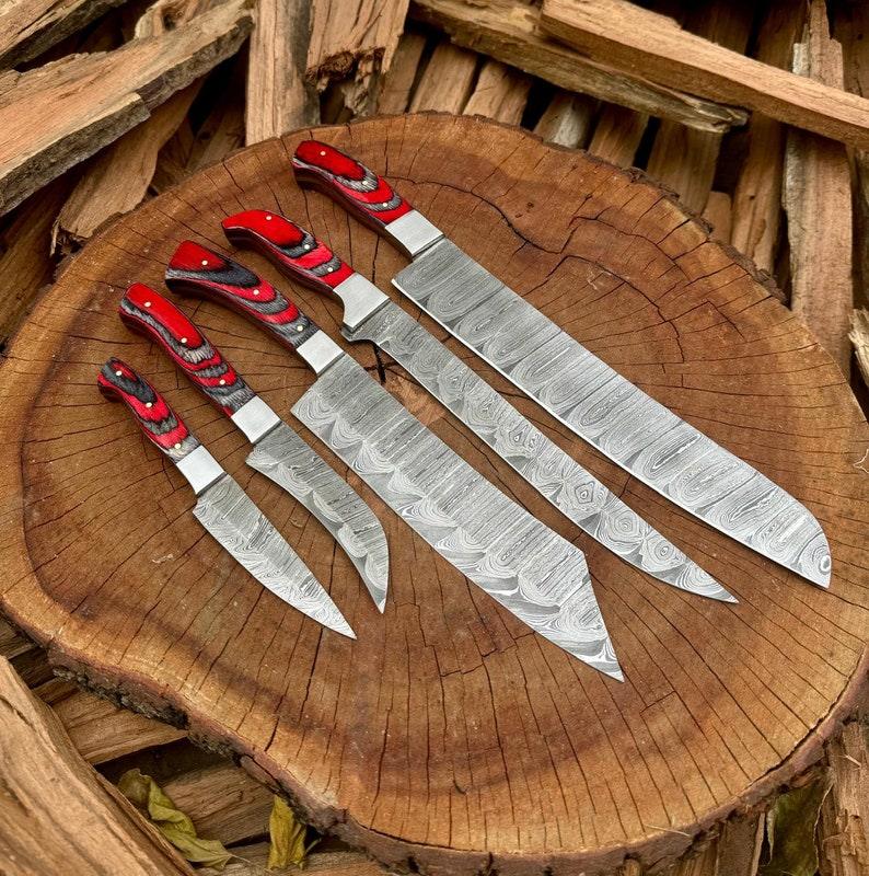 Damascus 5-piece chef knife set with patterned steel blades and ergonomic handles for professional kitchen use by Viking Hills
