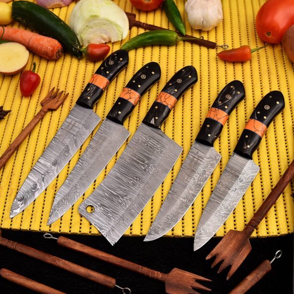 Damascus 5-piece chef knife set with patterned steel blades and ergonomic handles for professional kitchen use by Viking Hills
