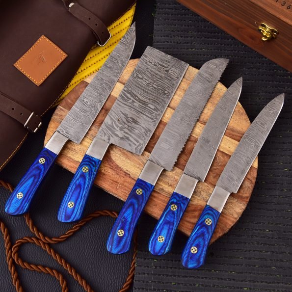 Damascus 5-piece chef knife set with patterned steel blades and ergonomic handles for professional kitchen use by Viking Hills
