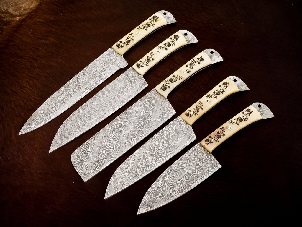 Damascus 5-piece chef knife set with patterned steel blades and ergonomic handles for professional kitchen use by Viking Hills
