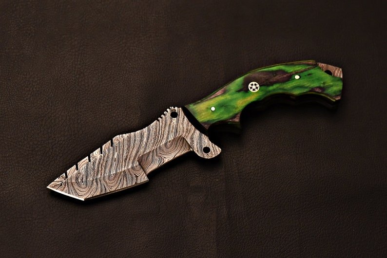 Handmade Damascus Steel Tracker Knife With Green Wood Handle | Best Gift for Father