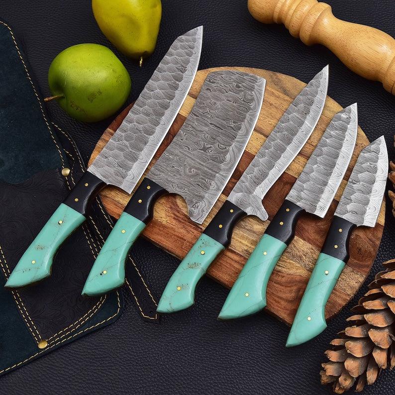 Damascus 5-piece chef knife set with patterned steel blades and ergonomic handles for professional kitchen use by Viking Hills
