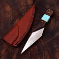 Handmade skinner knife with sharp curved steel blade and ergonomic handle for hunting and skinning tasks
