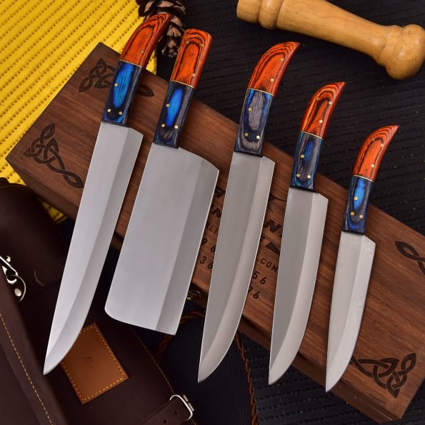 5-piece chef knife set with patterned steel blades and ergonomic handles for professional kitchen use by Viking Hills
