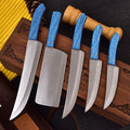 Damascus 5-piece chef knife set with patterned steel blades and ergonomic handles for professional kitchen use by Viking Hills
