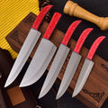 Damascus 5-piece chef knife set with patterned steel blades and ergonomic handles for professional kitchen use by Viking Hills
