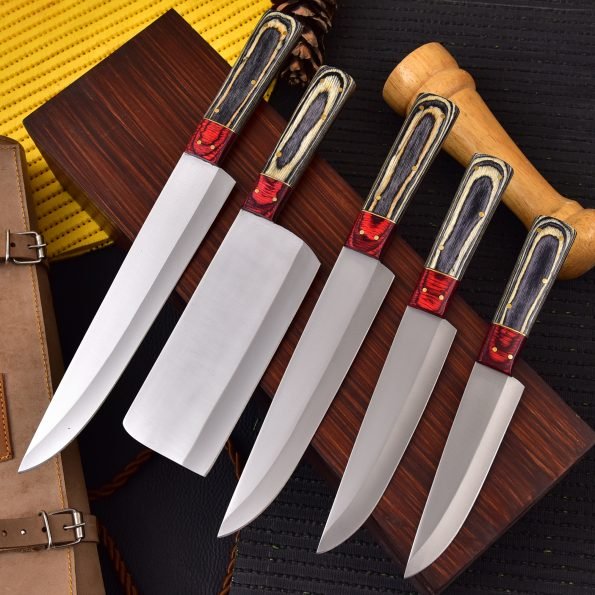 Damascus 5-piece chef knife set with patterned steel blades and ergonomic handles for professional kitchen use by Viking Hills
