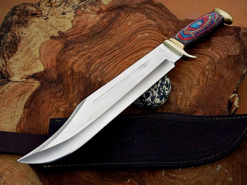 Handmade 18 inch Bowie knife with high polished steel blade and classic clip point design for collectors and outdoor use
