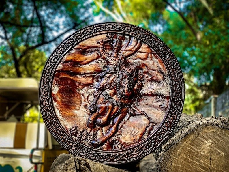 Handmade wooden Viking shield with engraved Norse design, medieval round shield for decor and cosplay by Viking Hills
