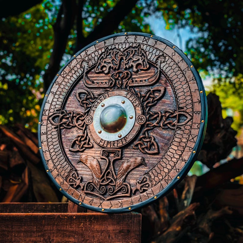 Handmade wooden Viking shield with engraved Norse design, medieval round shield for decor and cosplay by Viking Hills
