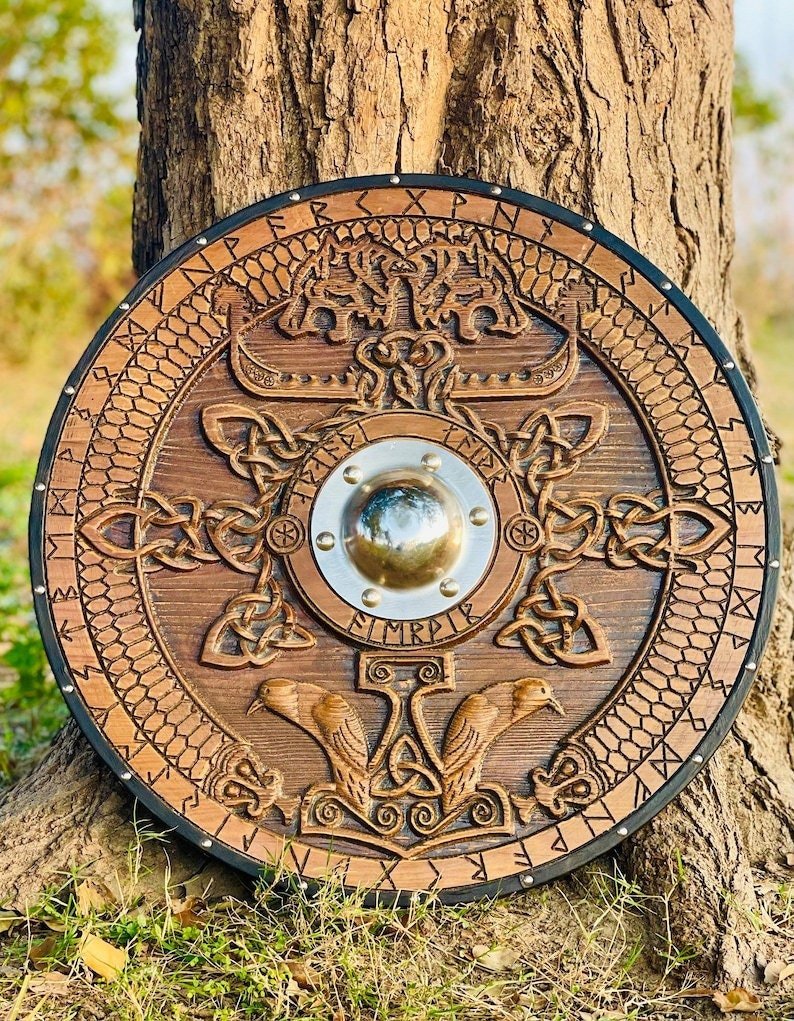 Handmade wooden Viking shield with engraved Norse design, medieval round shield for decor and cosplay by Viking Hills
