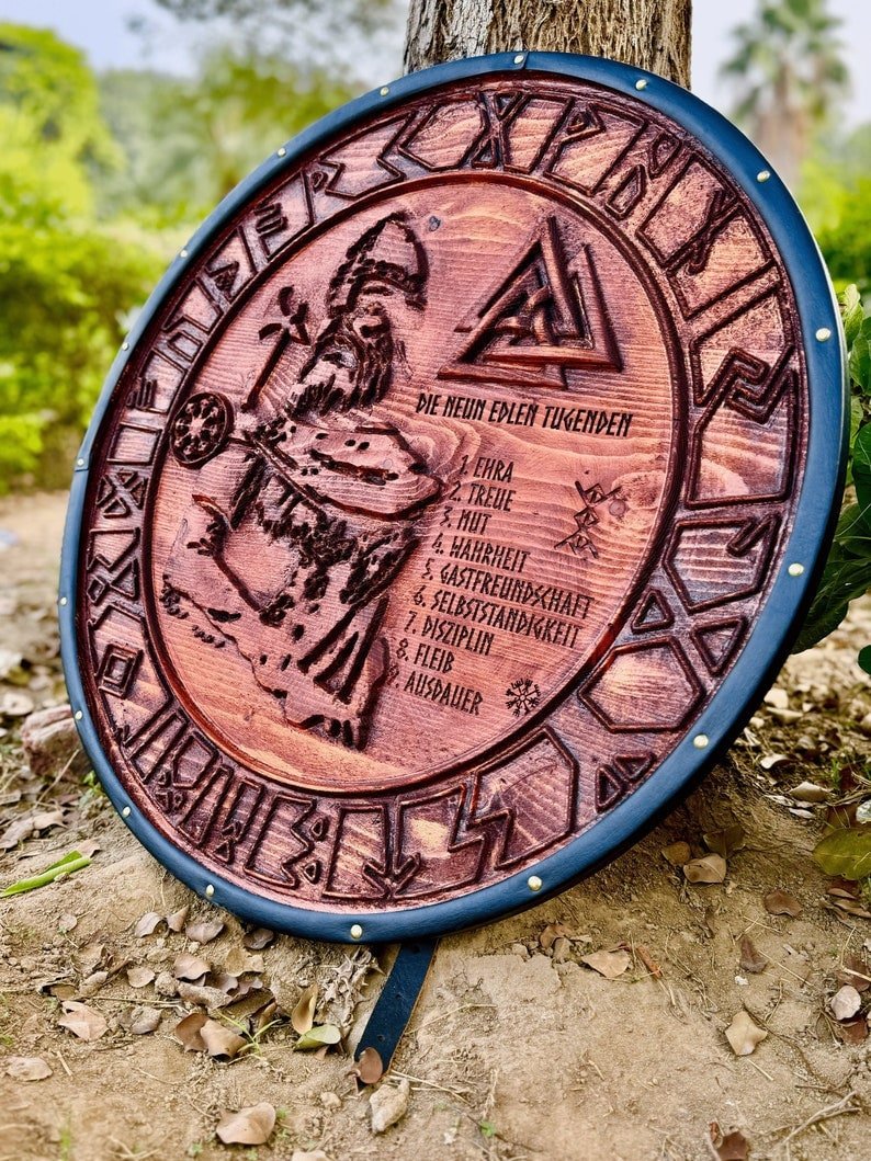 Handmade wooden Viking shield with engraved Norse design, medieval round shield for decor and cosplay by Viking Hills

