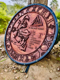 Handmade wooden Viking shield with engraved Norse design, medieval round shield for decor and cosplay by Viking Hills
