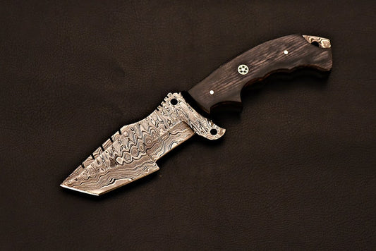 Handmade Damascus Steel Tracker Knife With Grey Wood Handle | Best Wedding Gift