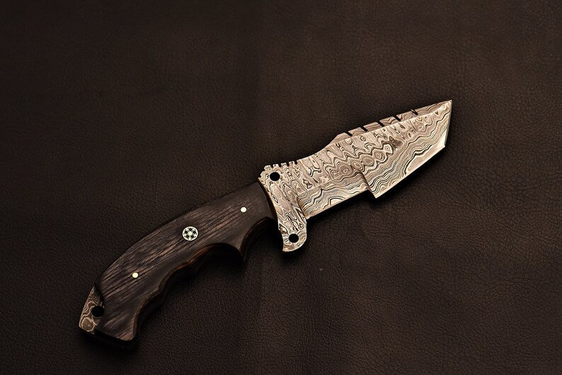 Handmade Damascus Steel Tracker Knife With Grey Wood Handle | Best Wedding Gift