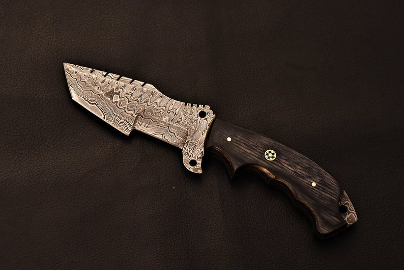 Handmade Damascus Steel Tracker Knife With Grey Wood Handle | Best Wedding Gift