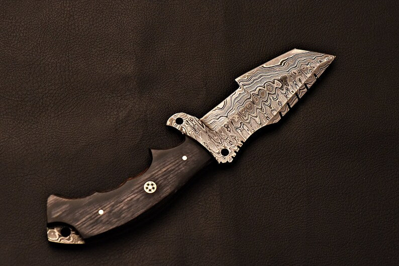 Handmade Damascus Steel Tracker Knife With Grey Wood Handle | Best Wedding Gift