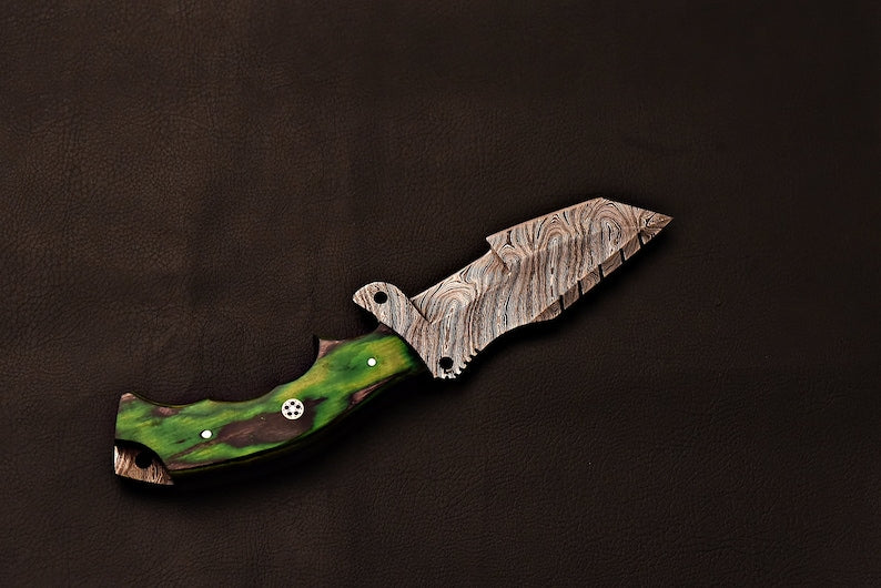 Handmade Damascus Steel Tracker Knife With Green Wood Handle | Best Gift for Father