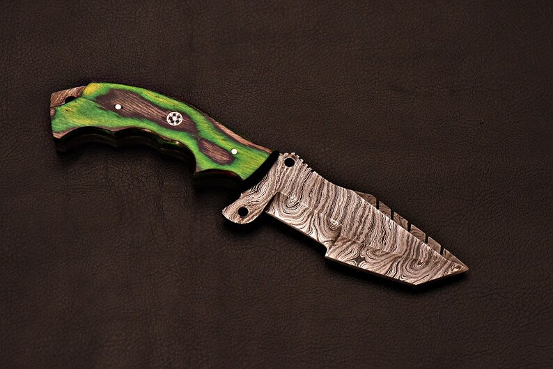 Handmade Damascus Steel Tracker Knife With Green Wood Handle | Best Gift for Father