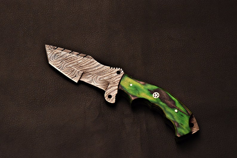 Handmade Damascus Steel Tracker Knife With Green Wood Handle | Best Gift for Father