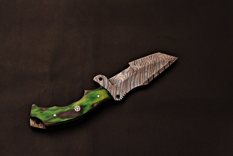 Handmade Damascus Steel Tracker Knife With Green Wood Handle | Best Gift for Father