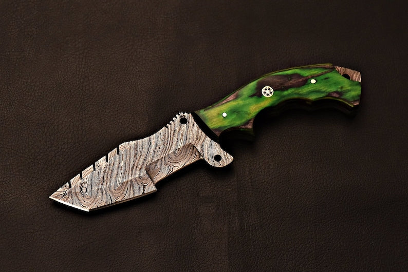 Handmade Damascus Steel Tracker Knife With Green Wood Handle | Best Gift for Father