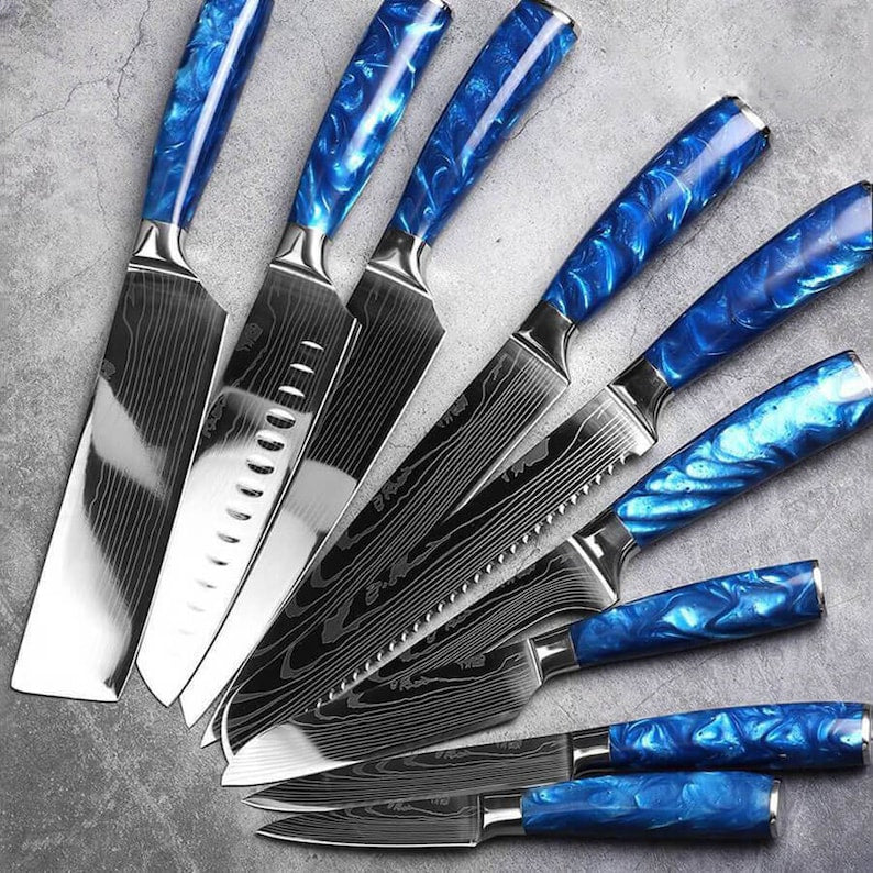 Stunning 8-Piece Japanese Kitchen Knife Set with Damascus Pattern and Beautiful Blue Resin Handle - Professional Chef Knife Set w/ Gift Box