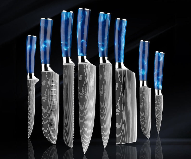 Stunning 8-Piece Japanese Kitchen Knife Set with Damascus Pattern and Beautiful Blue Resin Handle - Professional Chef Knife Set w/ Gift Box