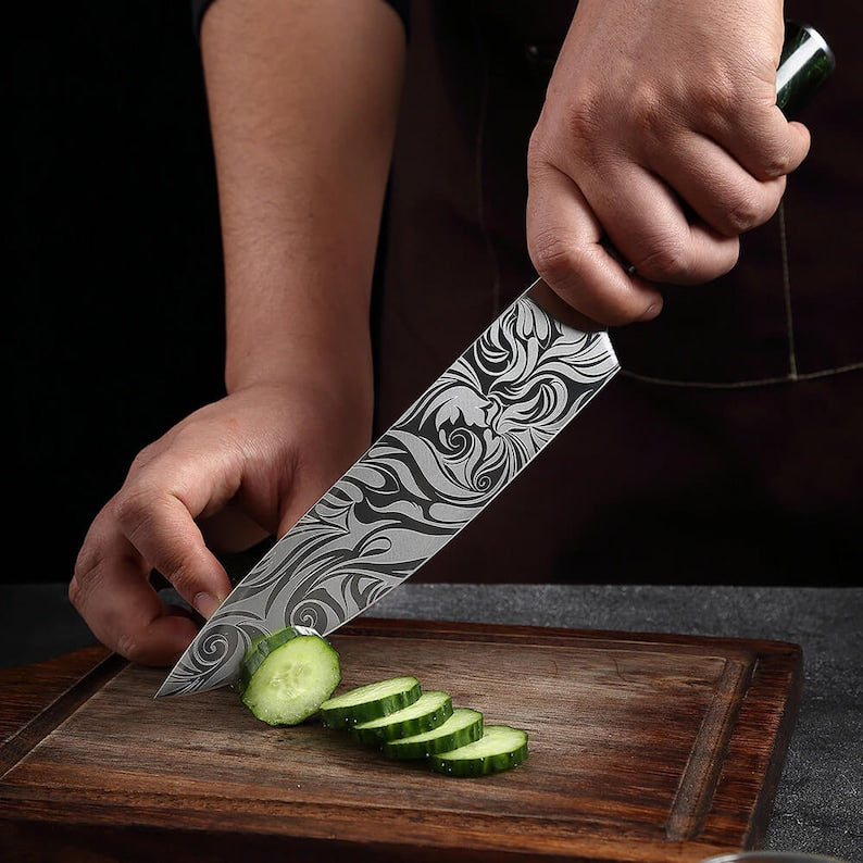 Beautifully Engraved Knife Set - Japanese Knife Set with Green Resin Handles - "Wasabi" 8-Piece Knife Collection