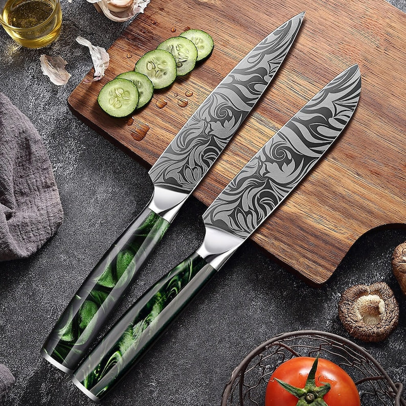 Beautifully Engraved Knife Set - Japanese Knife Set with Green Resin Handles - "Wasabi" 8-Piece Knife Collection