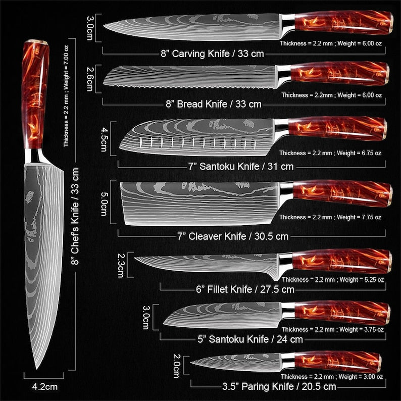 Stunning 8-Piece Crimson Red Kitchen Knife Set with Damascus Pattern - Japanese Chef Knife Set for Home - Comes with Luxury Gift Box