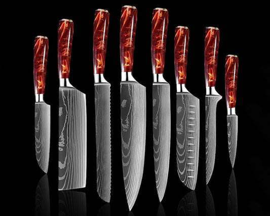 Stunning 8-Piece Crimson Red Kitchen Knife Set with Damascus Pattern - Japanese Chef Knife Set for Home - Comes with Luxury Gift Box