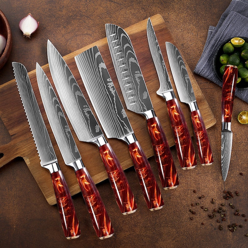 Stunning 8-Piece Crimson Red Kitchen Knife Set with Damascus Pattern - Japanese Chef Knife Set for Home - Comes with Luxury Gift Box