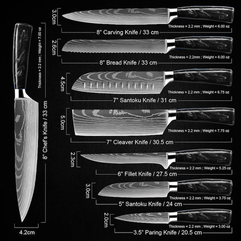 8-Piece Japanese Kitchen Knife Set with Black Resin Handle & Damascus Blade Pattern - Professional Chef Knife Set with Luxury Gift Box