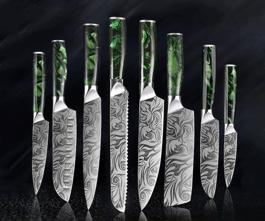 Beautifully Engraved Knife Set - Japanese Knife Set with Green Resin Handles - "Wasabi" 8-Piece Knife Collection