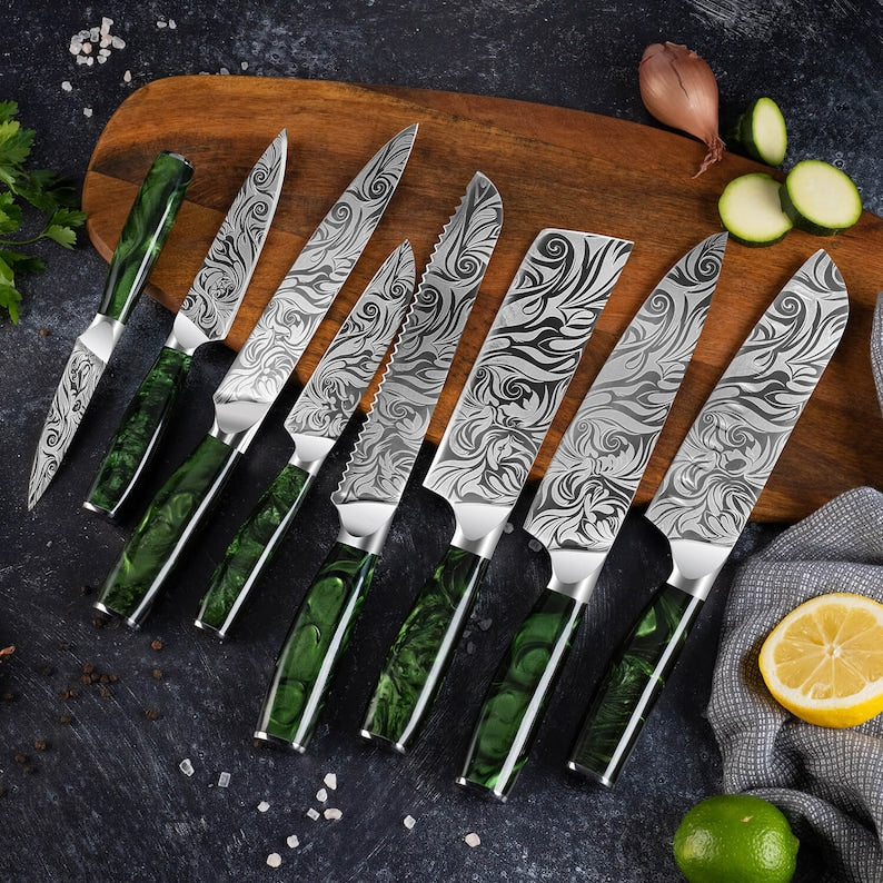 Beautifully Engraved Knife Set - Japanese Knife Set with Green Resin Handles - "Wasabi" 8-Piece Knife Collection