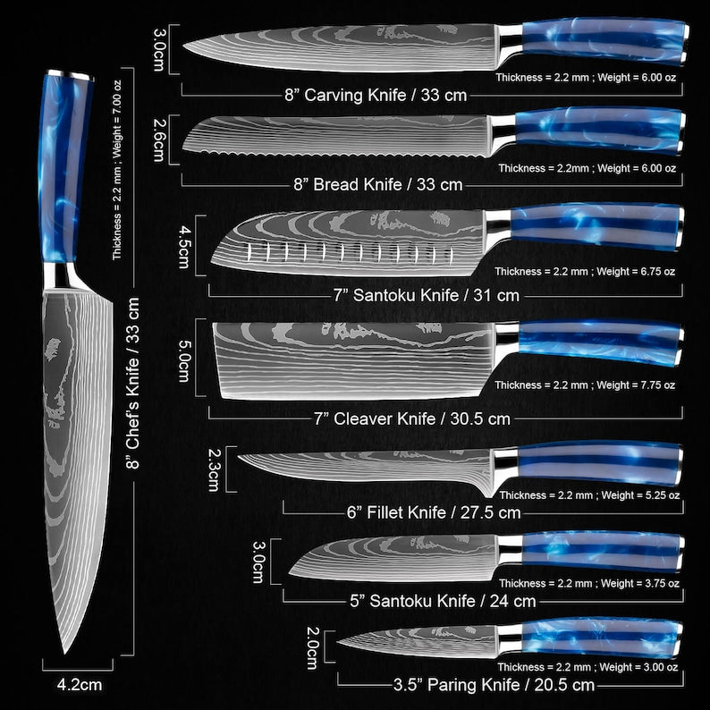 Stunning 8-Piece Japanese Kitchen Knife Set with Damascus Pattern and Beautiful Blue Resin Handle - Professional Chef Knife Set w/ Gift Box