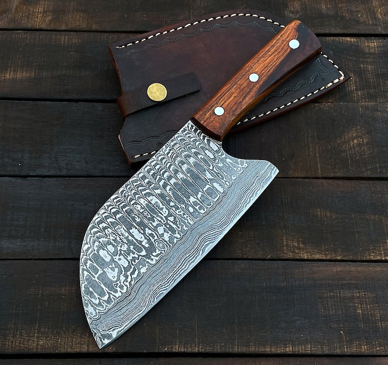 Damascus steel Cleaver knife with leather cover |  Best Birthday gifts