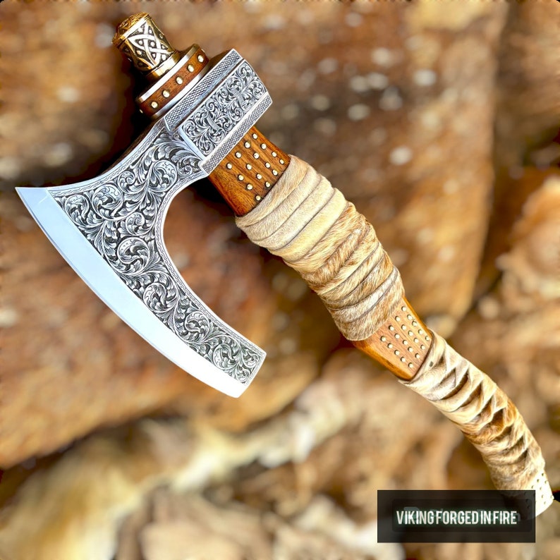 Hand Forged Deeply Engraved Viking Axe with Cow Leather cover | Best handmade gift for men