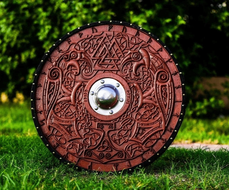 Medieval Helm of Awe Shield | Carved Viking Gift | Wall Décor Viking Round Shield